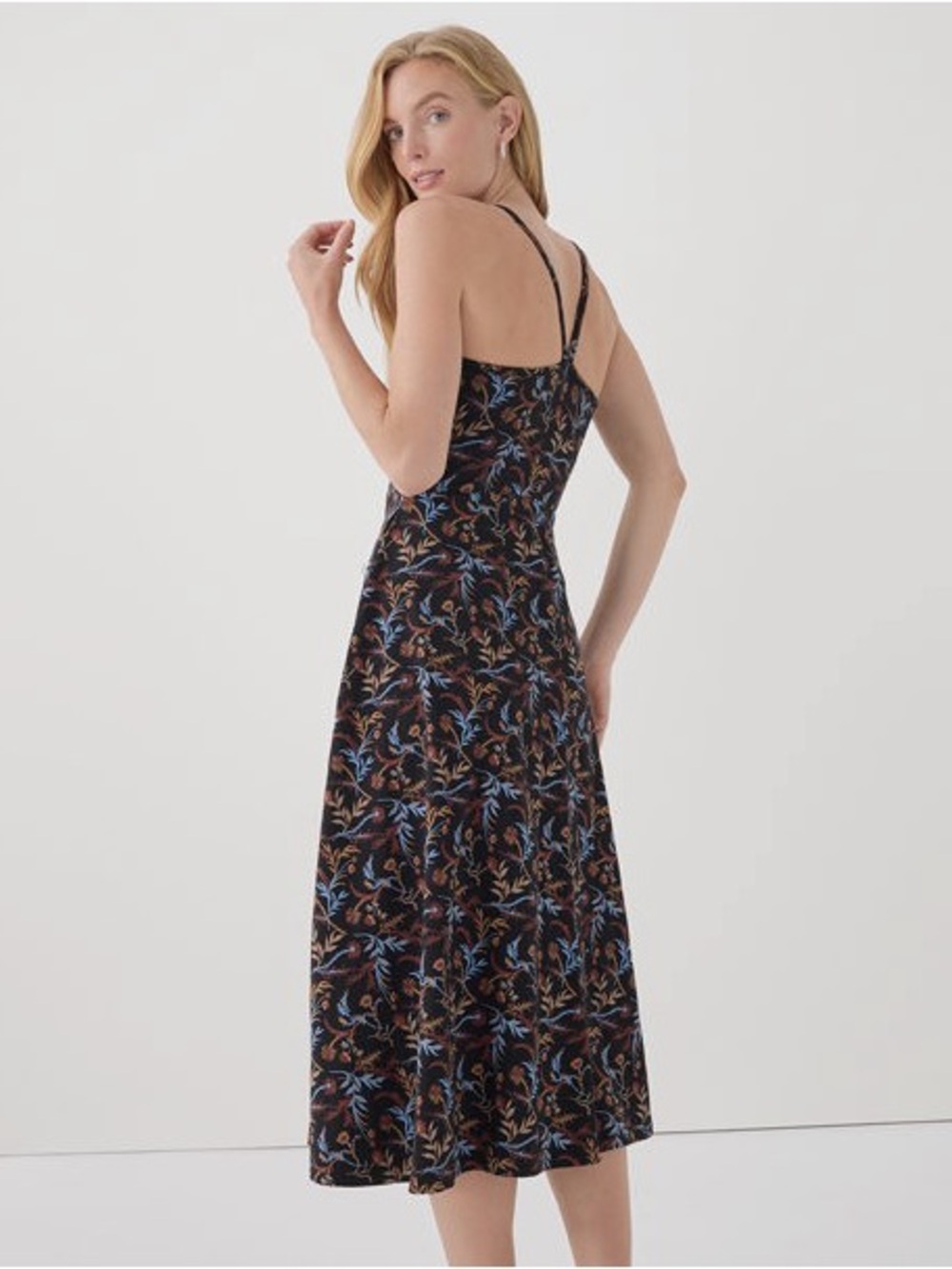 Pact Organic Cotton Whimsy Floral Fit Flare Dress Black Racerback L - Picture 2 of 12